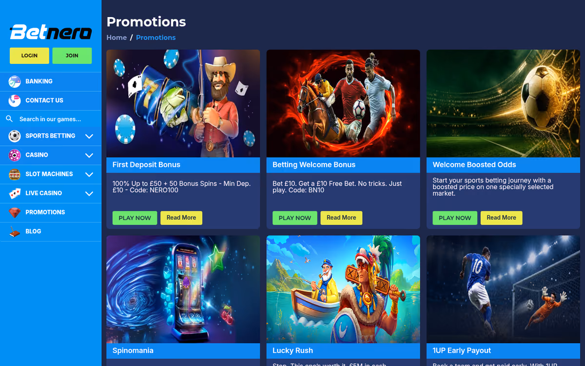 BetNero promotions page showing six offer cards including a first deposit bonus and a betting welcome bonus