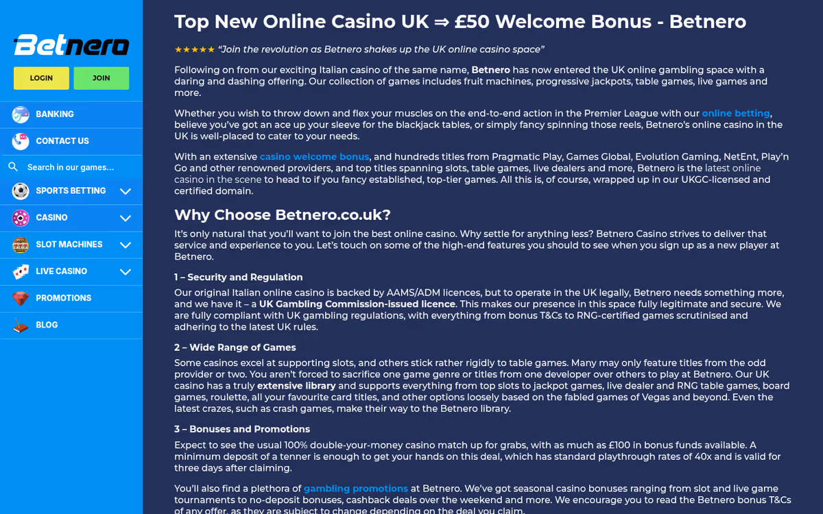 BetNero casino page, a long written guide headed Top New Online Casino UK with a fifty pound welcome bonus in the heading