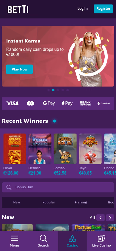 Betti mobile homepage with a bottom tab bar reading Menu, Search, Casino and Live Casino
