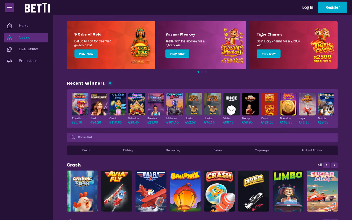 Betti casino lobby leading with a Crash rail of eight distinct games