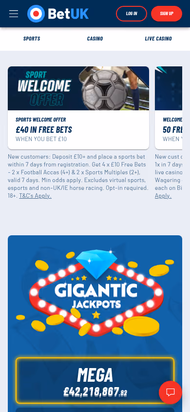 BetUK homepage on mobile showing the responsive layout