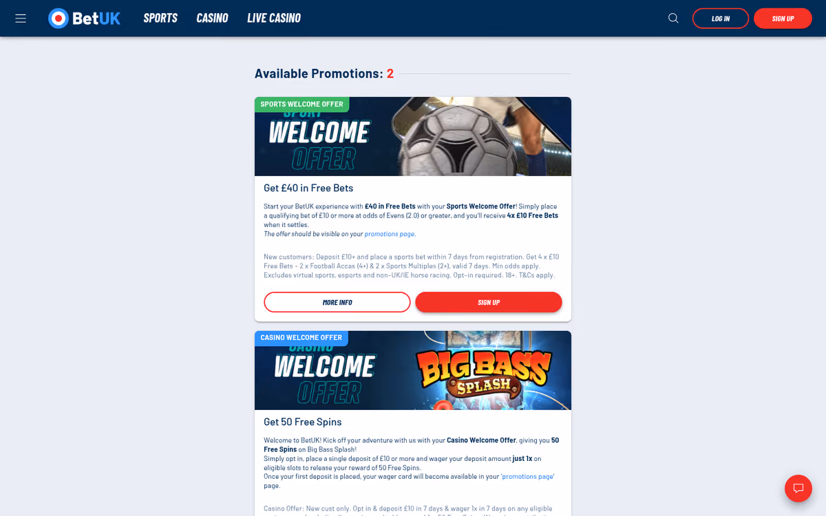 BetUK promotions page showing 50 free spins on big bass splash