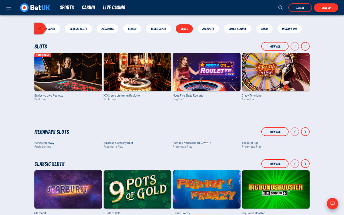 BetUK slots page showing the game library
