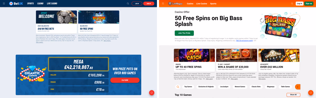 BetUK and LeoVegas homepages side by side showing the shared LeoVegas Group platform
