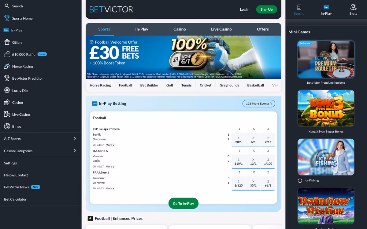 BetVictor sister sites evidence: the betvictor.com homepage from a UK connection showing the sportsbook and the £10,000 Raffle menu item