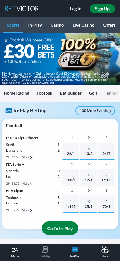 BetVictor homepage at mobile width showing the sportsbook navigation