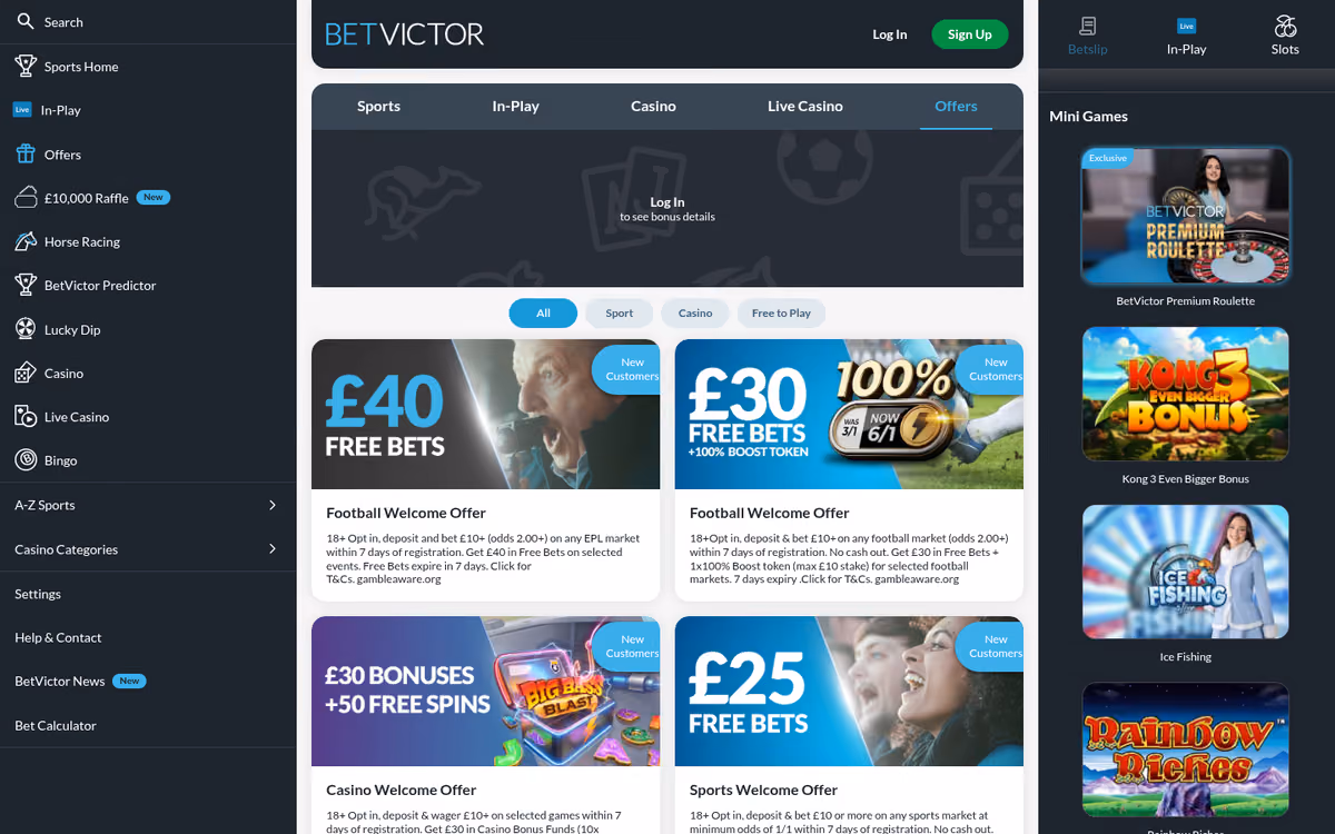 BetVictor offers page listing the football, sports and casino welcome offers