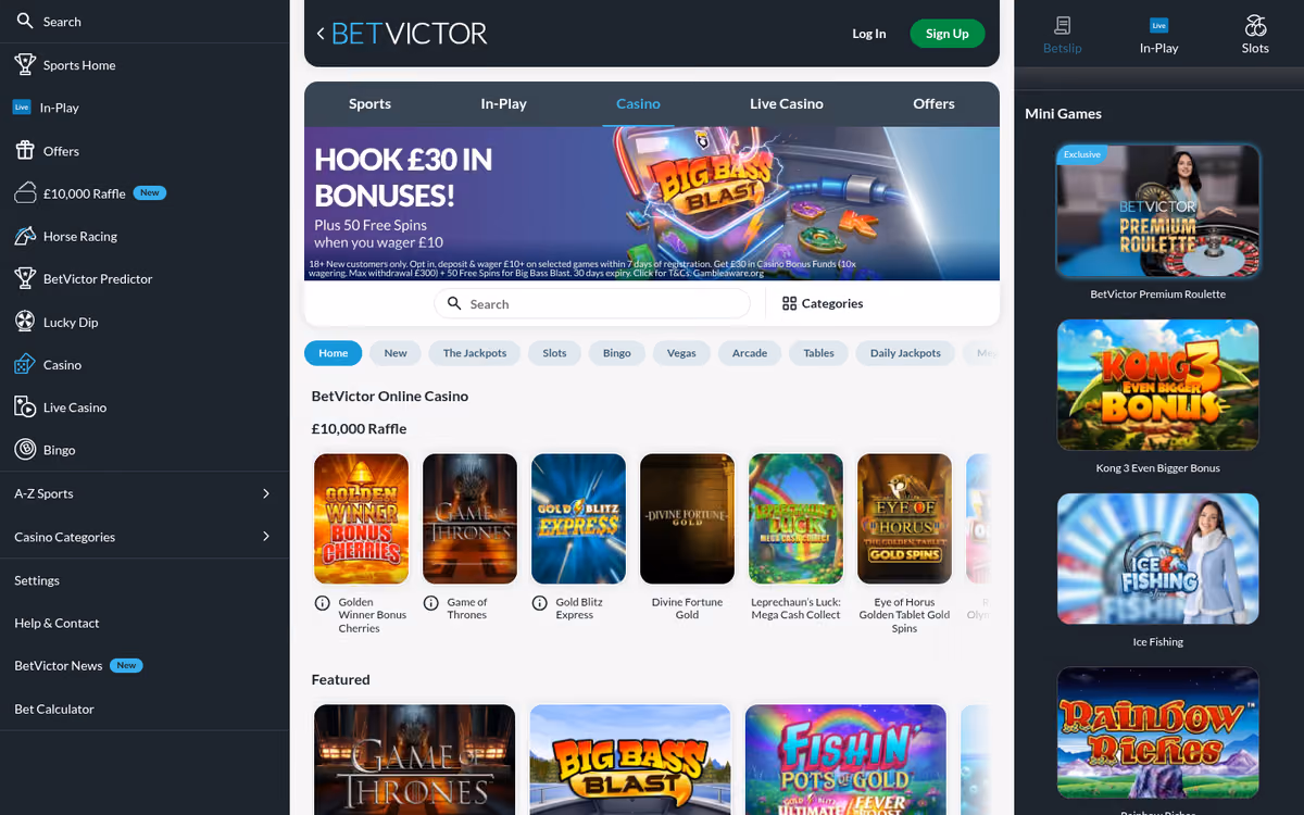 BetVictor casino lobby showing slot categories including Lucky Rush Leaderboard and Spin Gifts