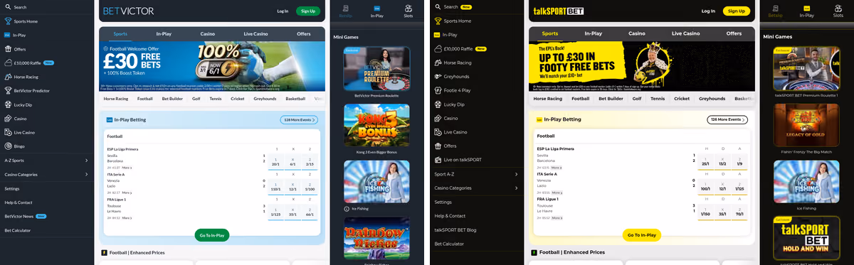 BetVictor beside talkSPORT BET, two sportsbooks on BV Gaming's Gambling Commission licence