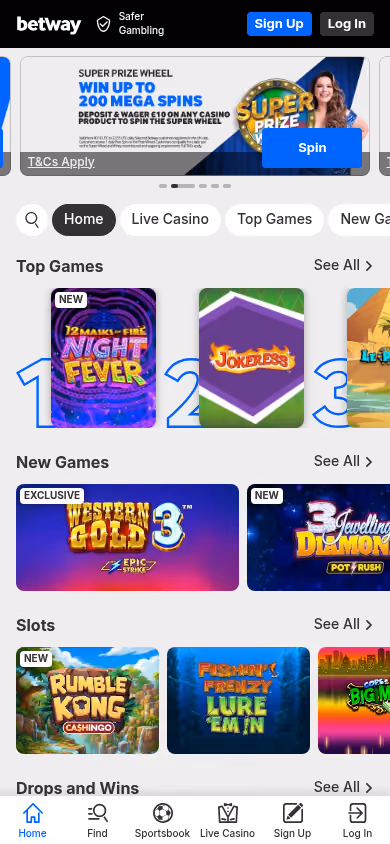Betway casino lobby on mobile at 390 pixels wide