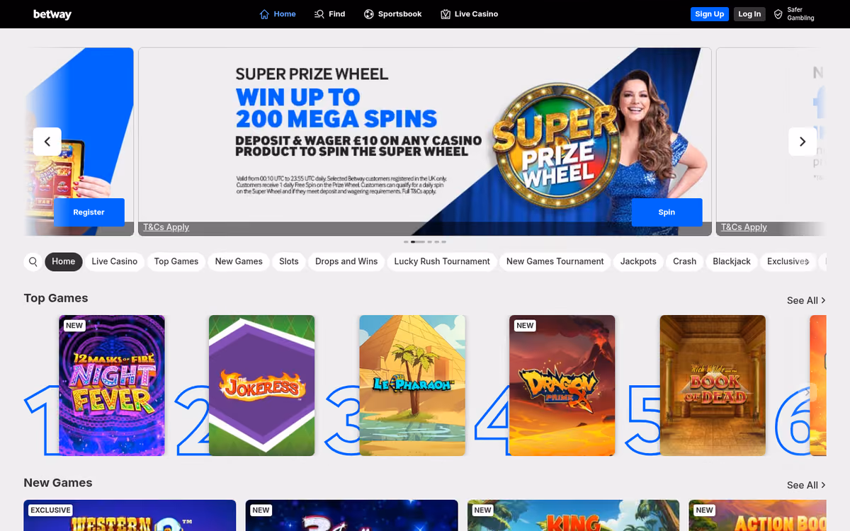 Betway promotions route resolving to the casino lobby rather than a promotions page