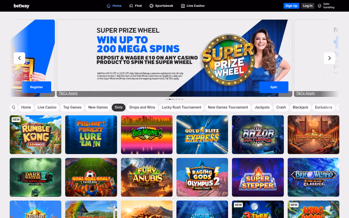 Betway slots lobby showing the slots category active with tier-one titles