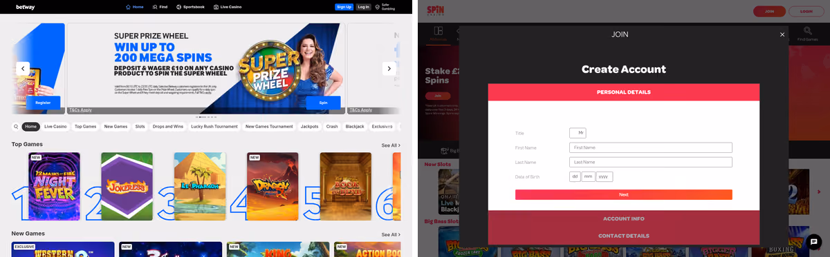 Betway and Spin Casino homepages side by side showing two different platforms on one licence