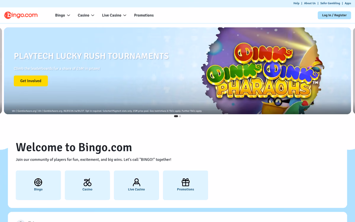bingo.com homepage showing the Playtech Lucky Rush tournament banner and bingo-led navigation