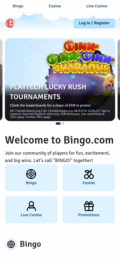 bingo.com mobile homepage showing bingo, casino and live casino navigation
