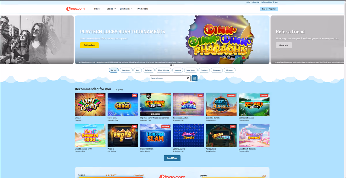 bingo.com casino lobby showing the Playtech Lucky Rush tournament and refer-a-friend banners above a 25-game recommended rail