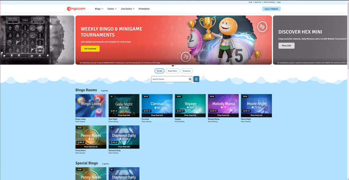 bingo.com bingo lobby showing eight Relax Gaming rooms with ticket prices from 1p to £3 and prize pools from £3.32 to £35