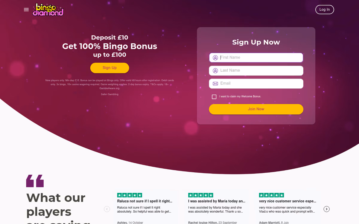 Bingo Diamond homepage showing a 100% bingo bonus up to £100 beside a sign-up form, over a purple starfield