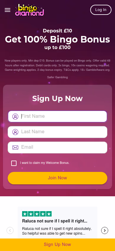 Bingo Diamond mobile homepage with the welcome offer stacked above the sign-up form