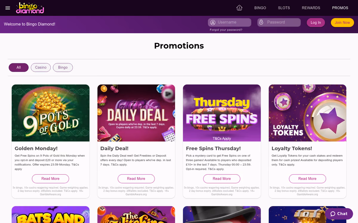 Bingo Diamond promotions page listing the welcome offer and the licence's shared promotions