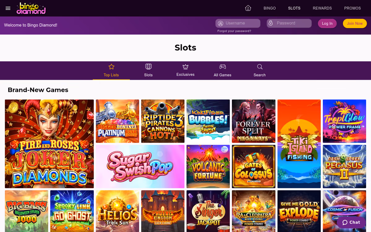 Bingo Diamond slots lobby showing game tiles with no catalogue total displayed