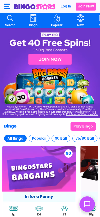Bingo Stars homepage at mobile width