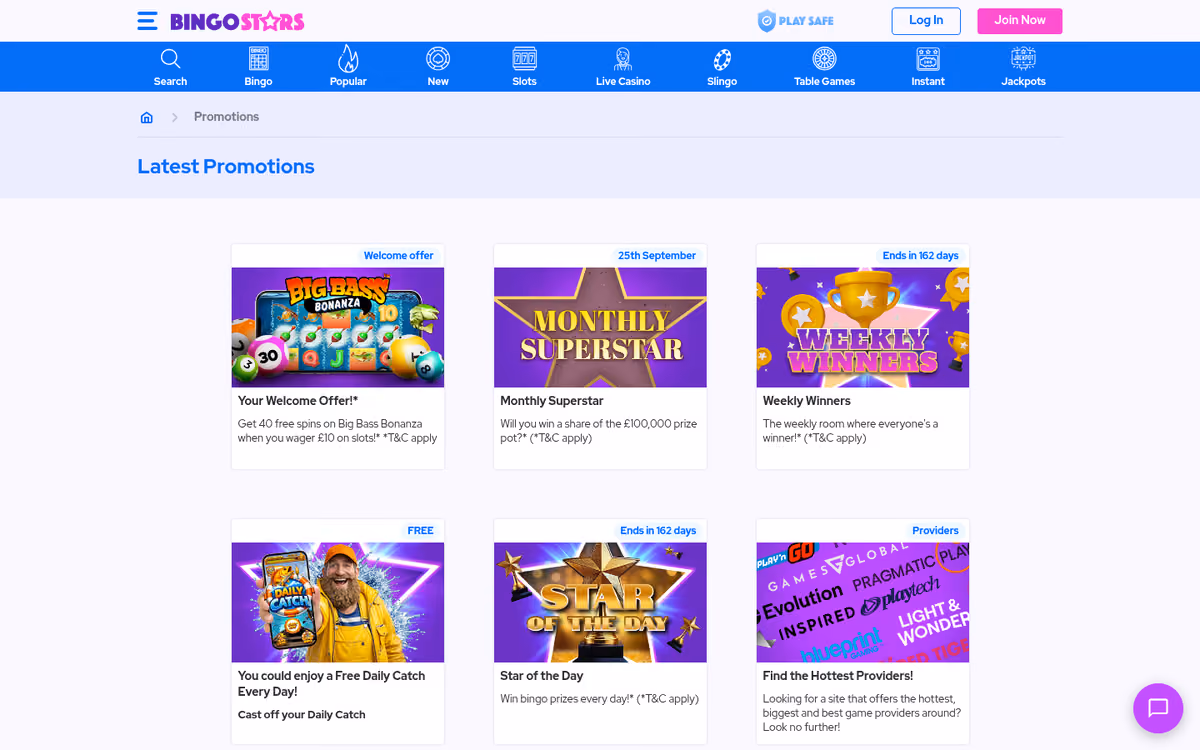 Bingo Stars promotions page with the Big Bass Bonanza free spins welcome