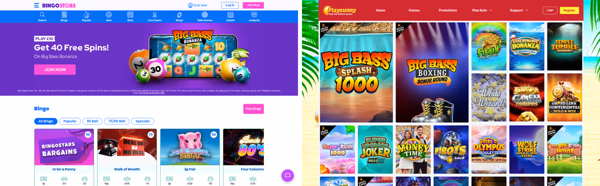 Bingo Stars beside PlaySunny, the two older-layout sites on Solaya Group's licence