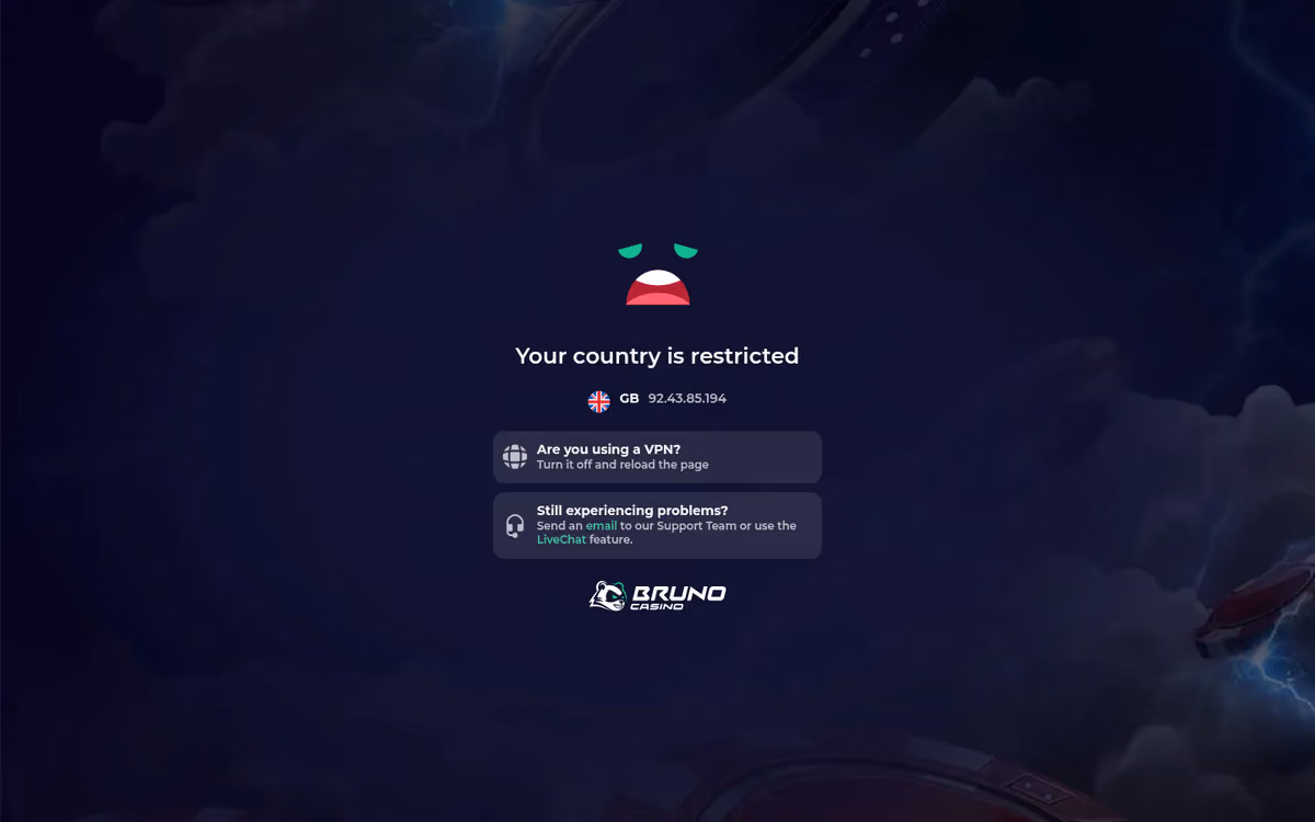 Bruno Casino blocks British visitors: the brunocasino.com page reading Your country is restricted