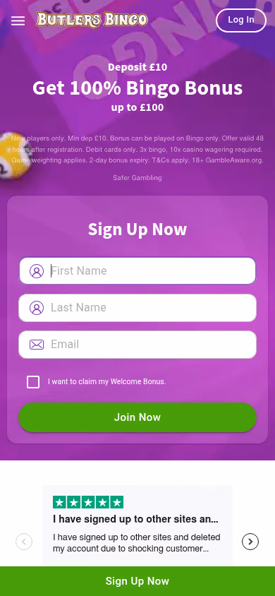 Butlers Bingo homepage on a mobile viewport