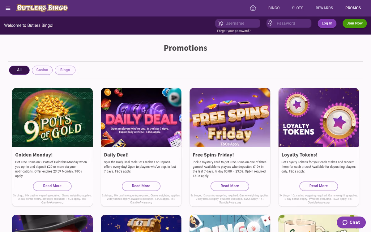 Butlers Bingo promotions page listing Golden Monday, Daily Deal, Free Spins Friday and Loyalty Tokens