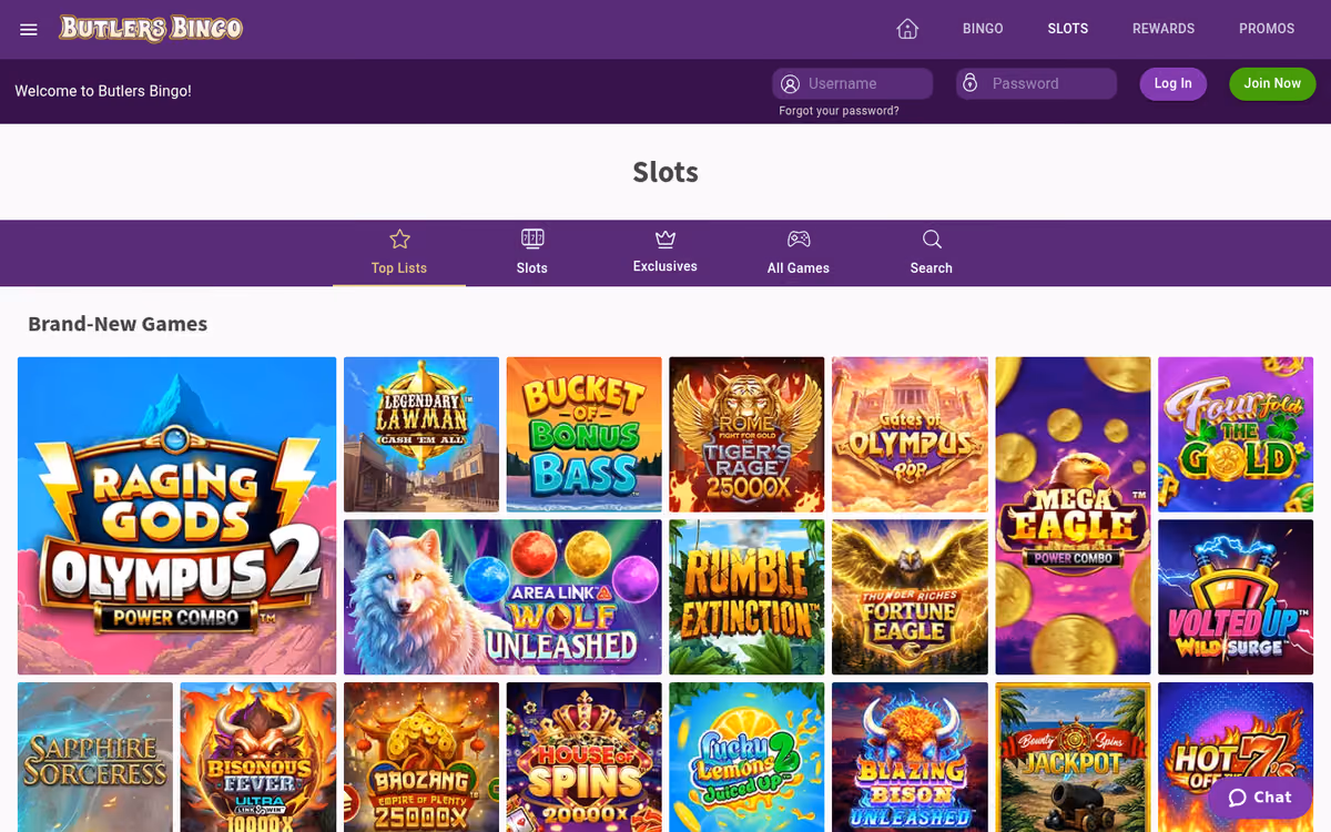 Butlers Bingo slots lobby with Raging Gods Olympus 2 leading the Brand-New Games row
