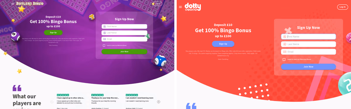 Butlers Bingo and Dotty Bingo homepages side by side