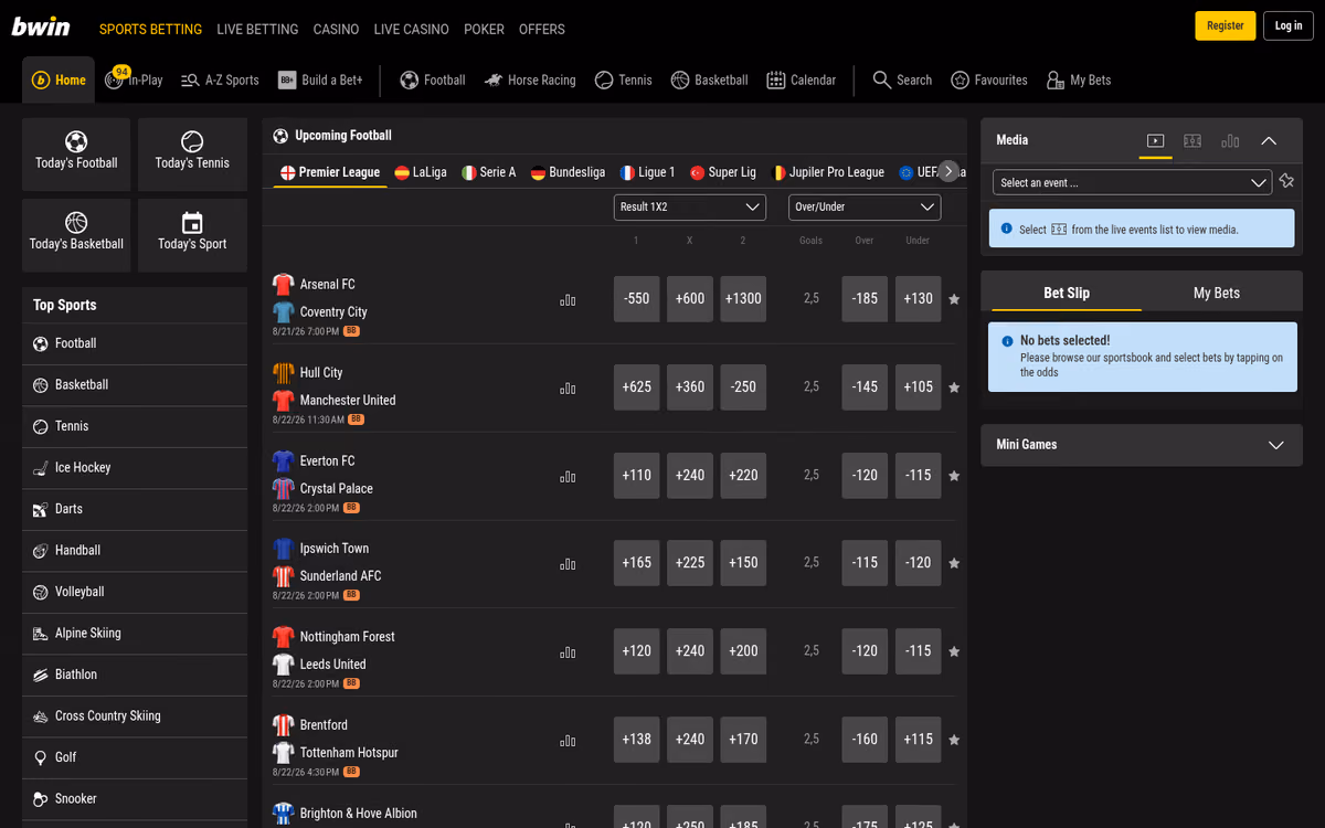 bwin sportsbook homepage showing Premier League markets