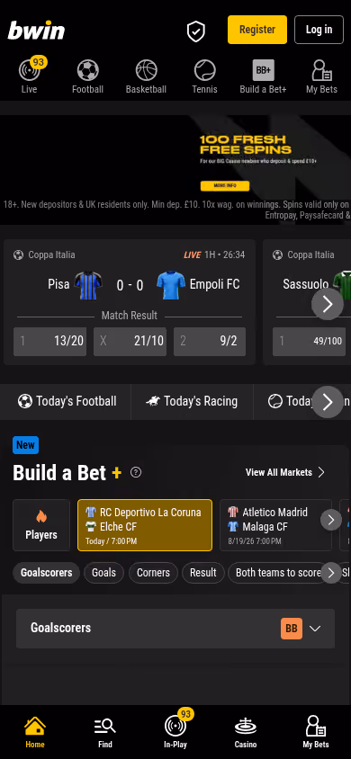 bwin on mobile showing the 100 free spins banner stating 10x wagering on winnings