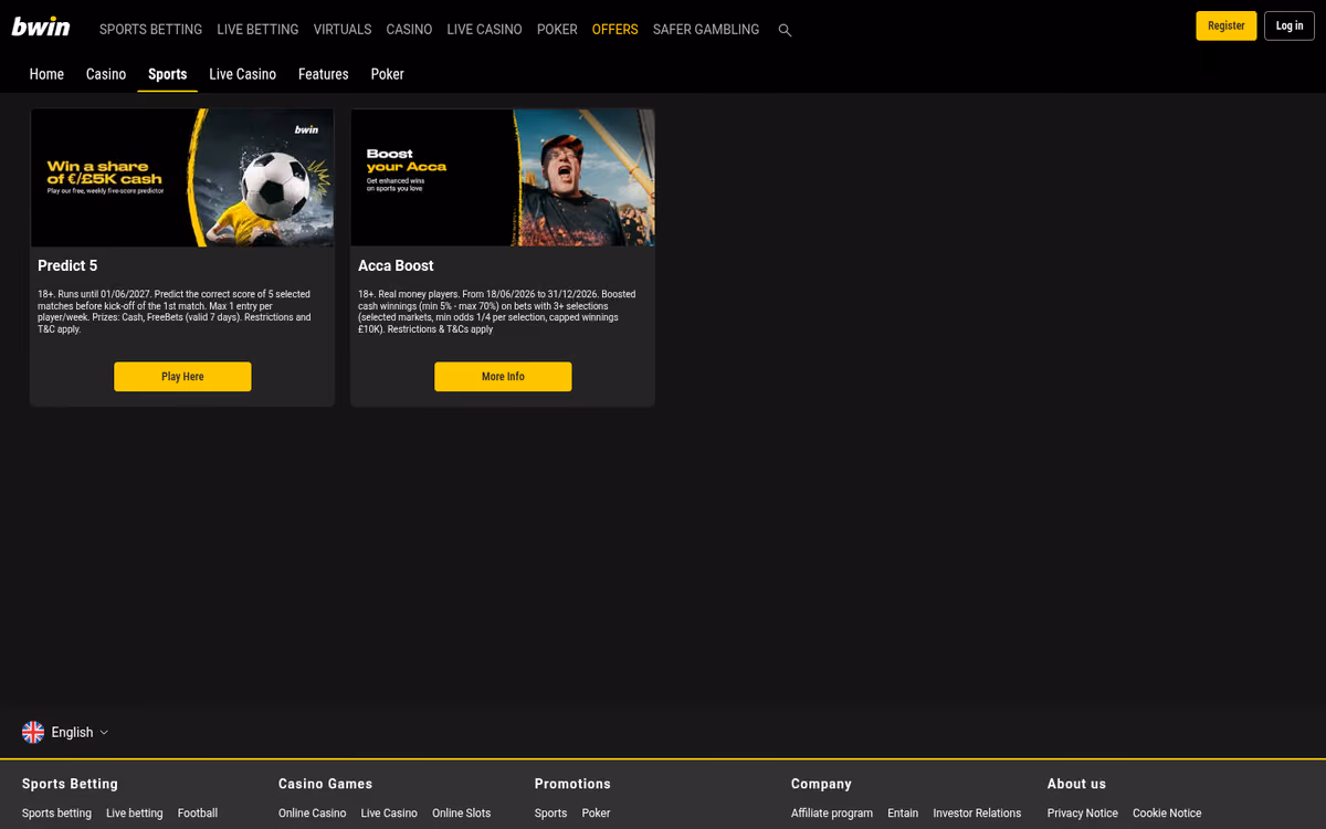 bwin promotions page showing Predict 5 and Acca Boost with their full terms