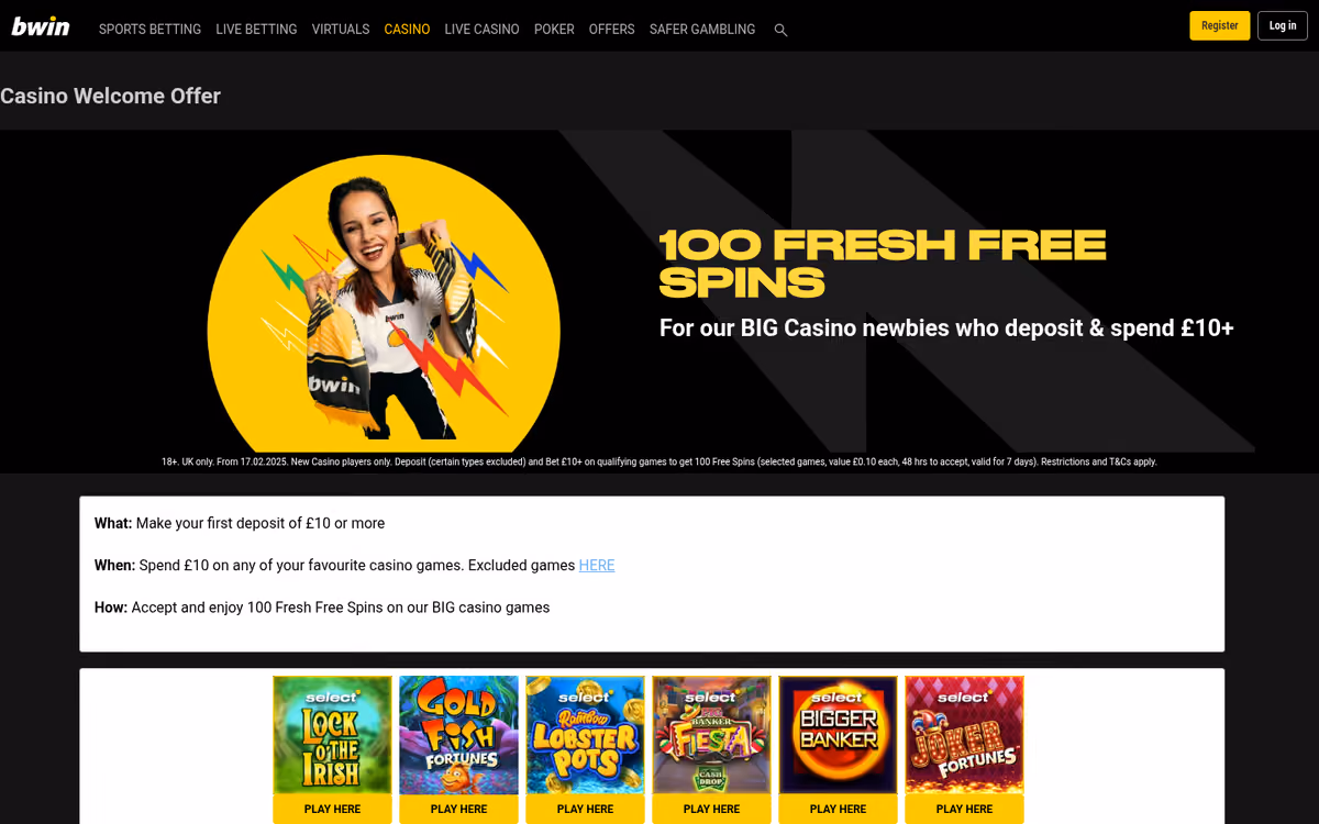 bwin casino welcome offer showing 100 free spins with a What When How panel restating the terms in plain English