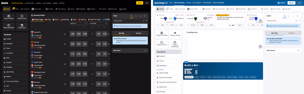 bwin and Sportingbet sportsbooks side by side showing the shared LC International licence