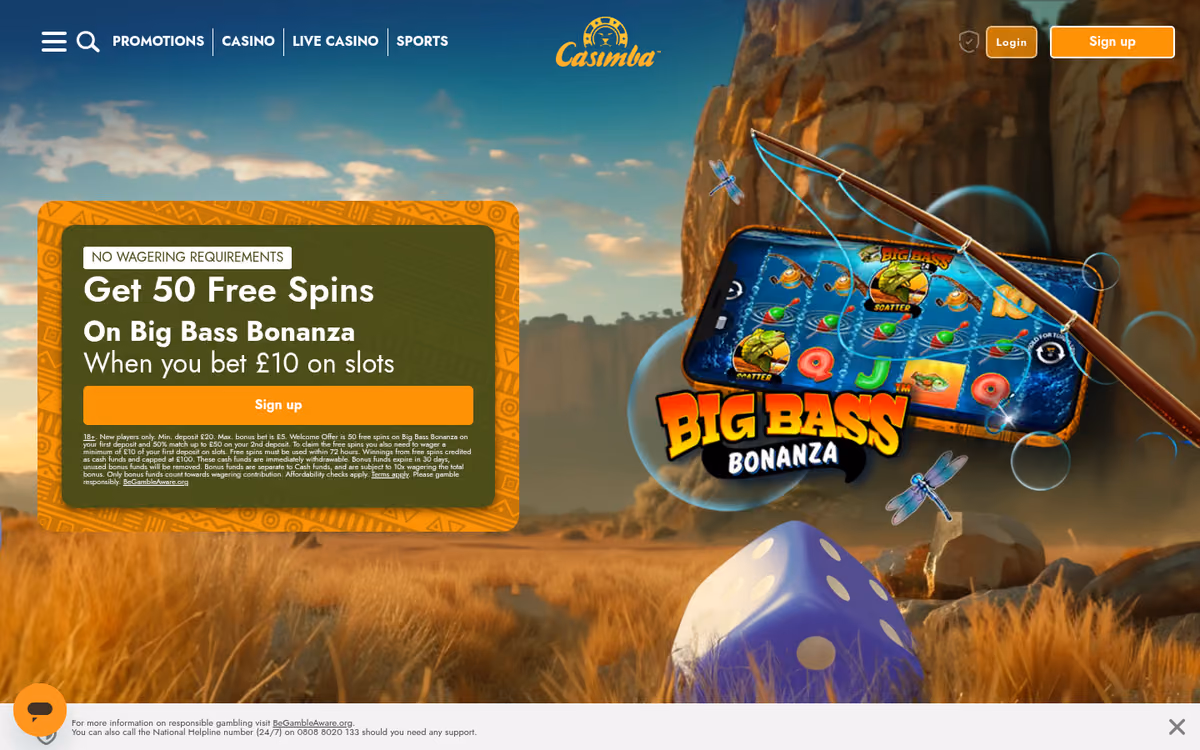 Casimba homepage with a savanna background and a welcome offer panel reading Get 50 Free Spins on Big Bass Bonanza