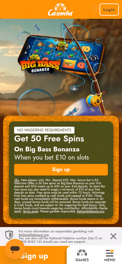 Casimba homepage at mobile width