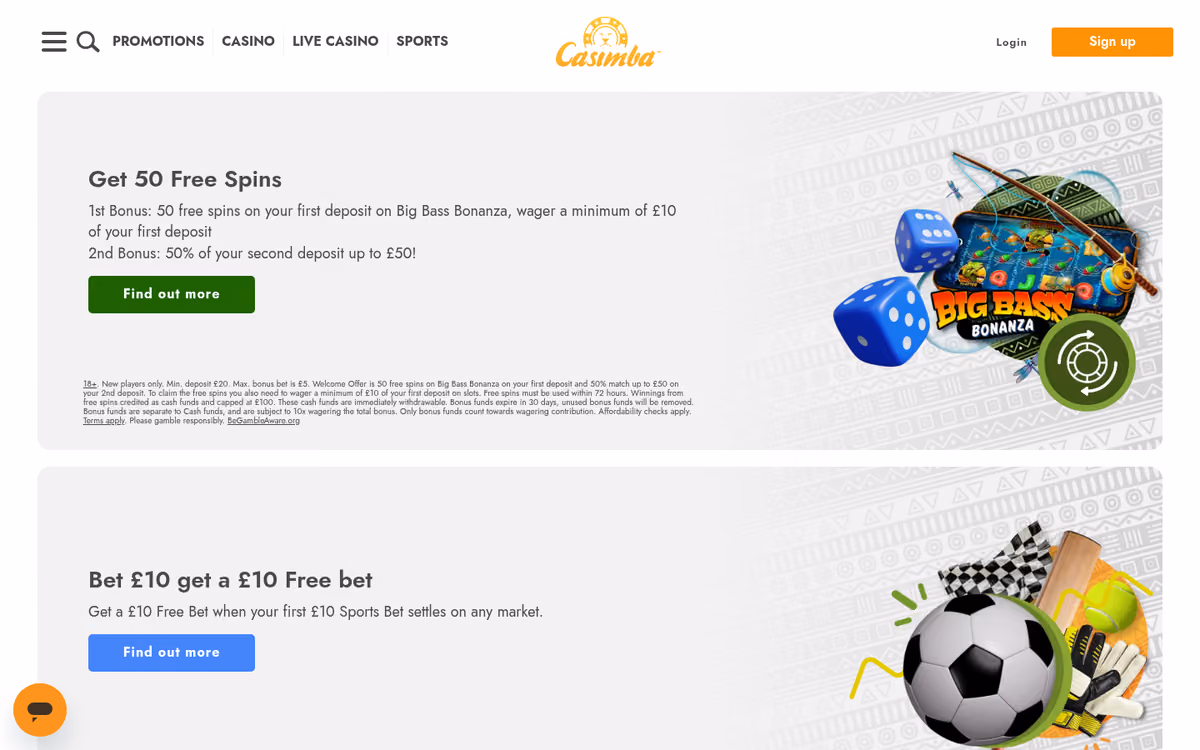 Casimba promotions page showing a two-part welcome bonus panel above a ten pound free bet sports offer