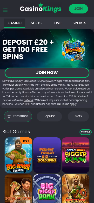 Casino Kings mobile homepage at a 390 by 844 viewport