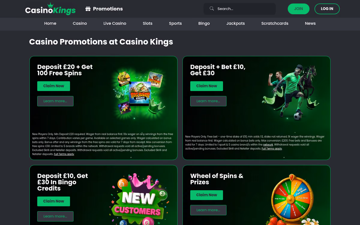 Casino Kings promotions page showing the welcome offer and ongoing casino promotions