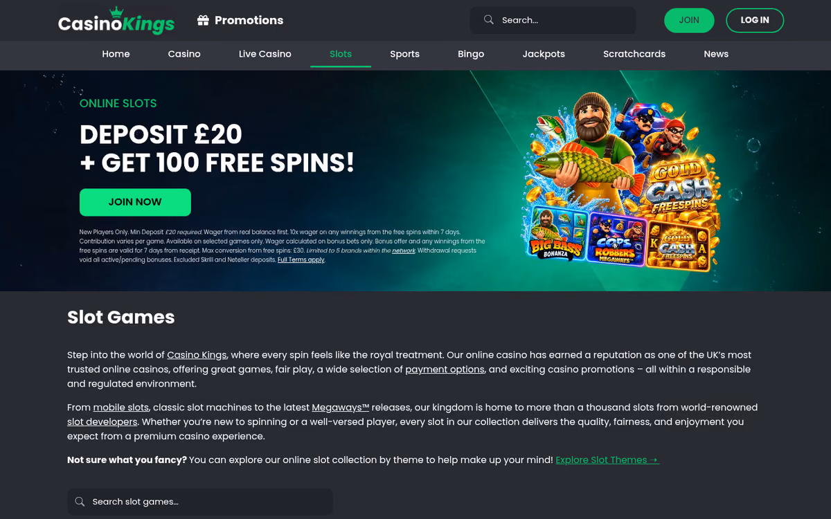 Casino Kings online slots lobby showing Big Bass Bonanza, Book of Dead and Fluffy Favourites