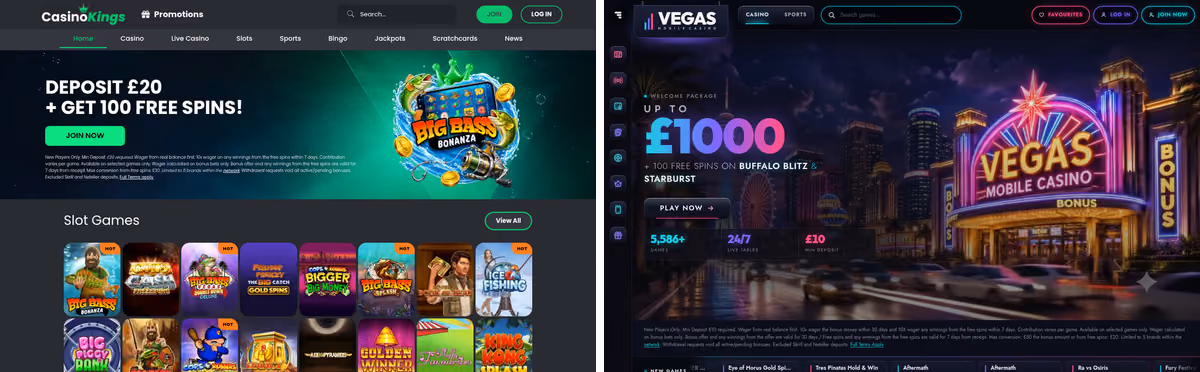 Casino Kings sister sites proof: Casino Kings beside Vegas Mobile Casino, two ProgressPlay brands with completely different designs