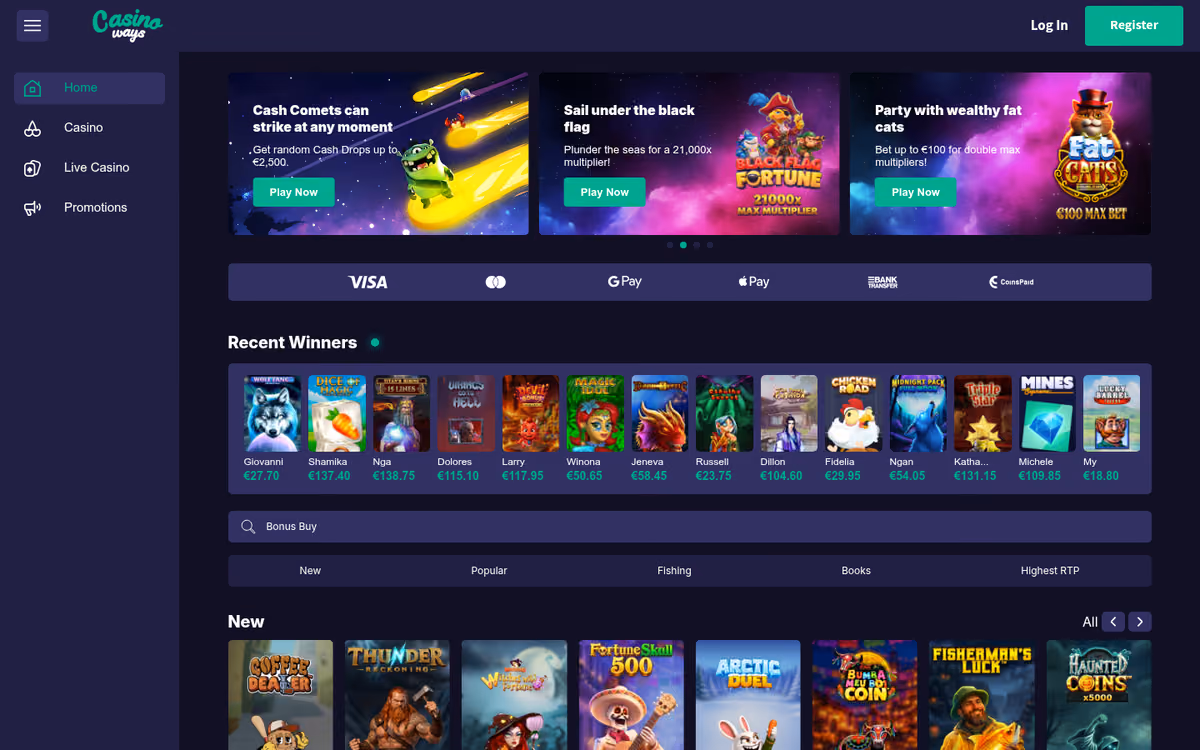 CasinoWays homepage showing three game banners, a payment strip and a Recent Winners rail priced in euros