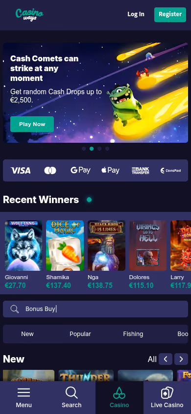 CasinoWays mobile homepage with a bottom tab bar reading Menu, Search, Casino and Live Casino