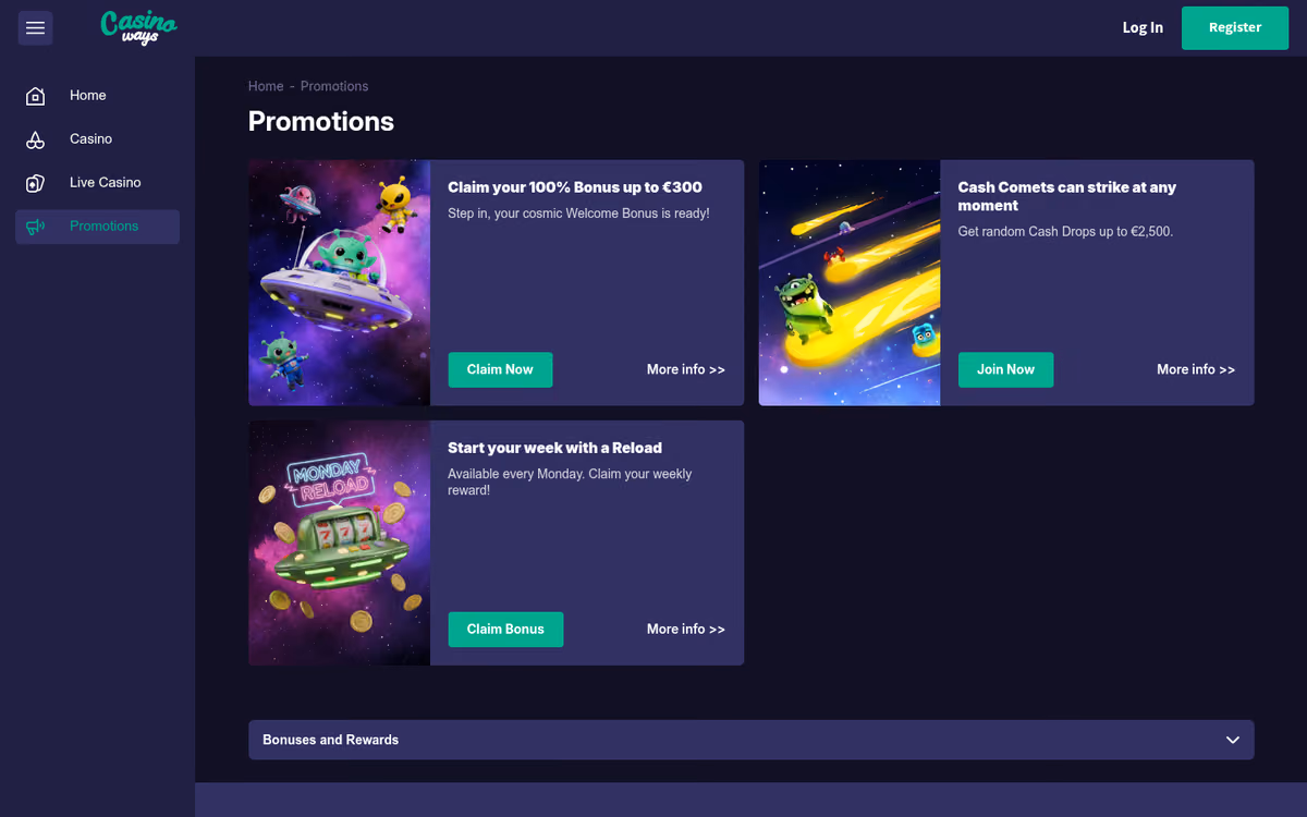 CasinoWays promotions page showing a 100 percent up to 300 euro welcome, Cash Comets and a Monday Reload