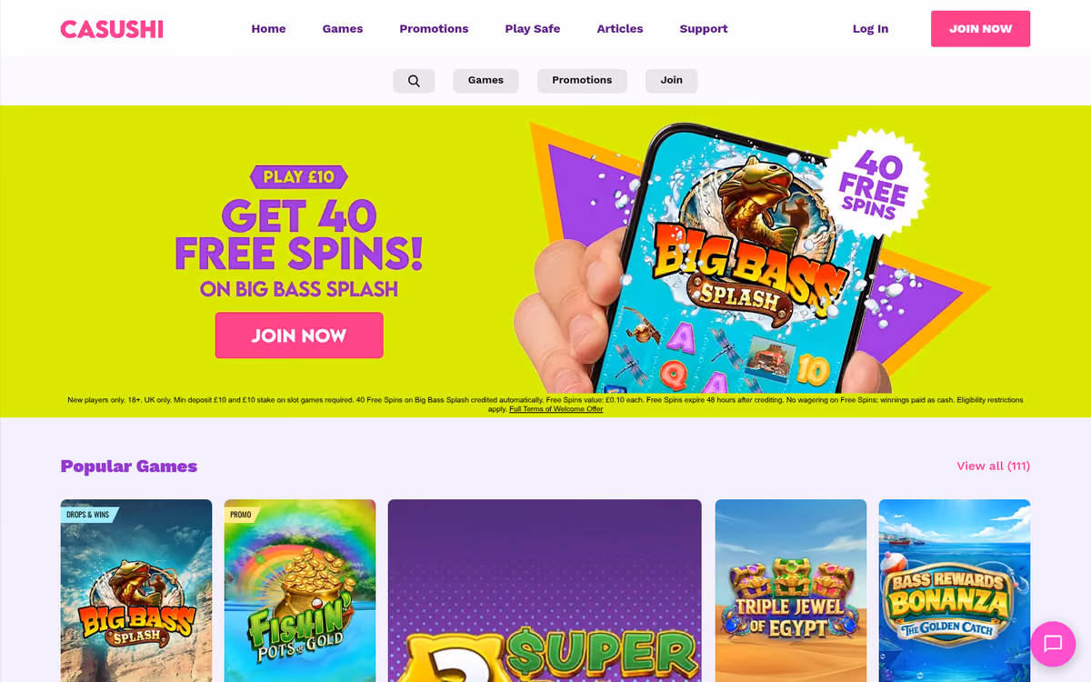 Casushi sister sites evidence: the casushi.com homepage with its sushi branding and welcome offer