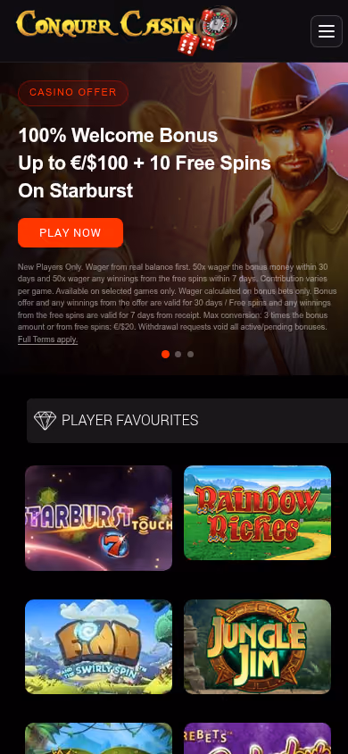 Conquer Casino mobile homepage at a 390 by 844 viewport